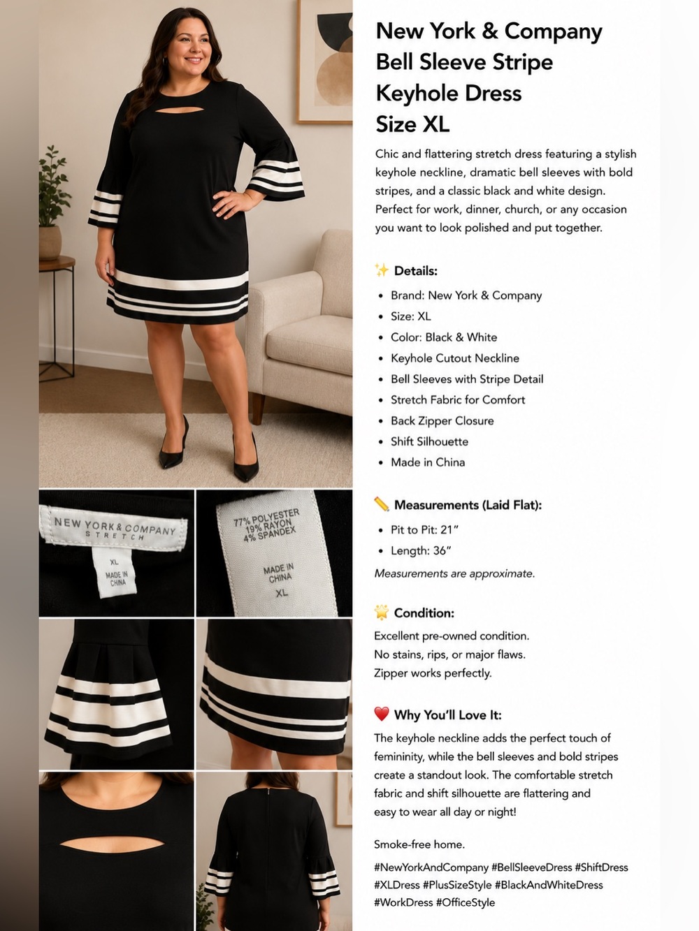 New York & Company Black and White Striped Bell-Sleeve  Dress sz XL
